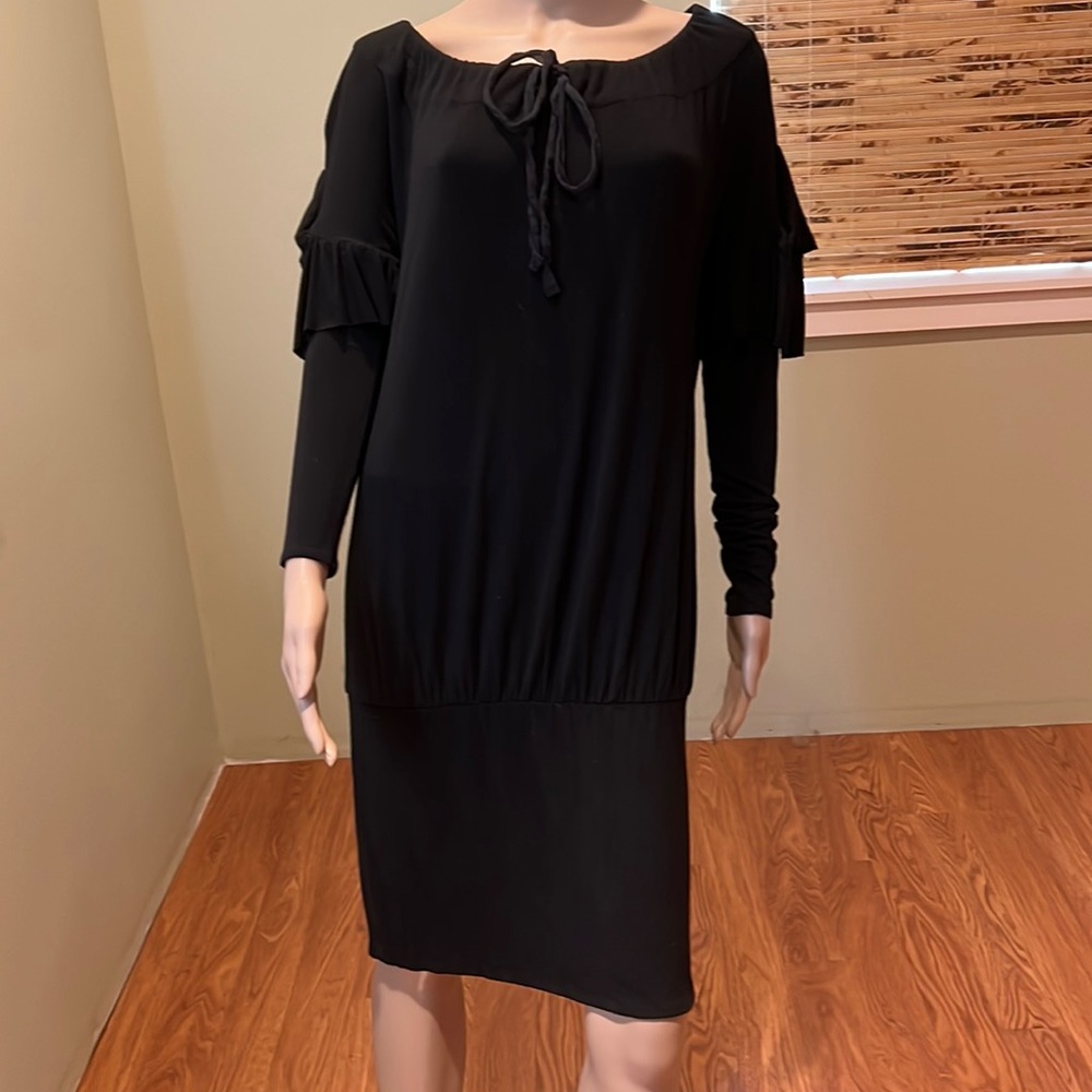 Bailey 44 Black Blouson Dress With Ruffles On Sleeves Size M